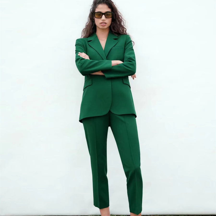 Women's Fitted Blazer High Waist Pleated Pants Set